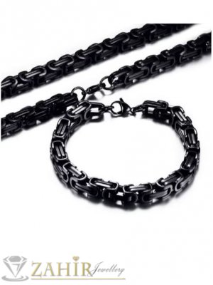 Хит стоманен комплект с черен емайл, ланец 60 см и гривна в 4 дължини,четвъртити звена широки 0,7 см - MKO1034